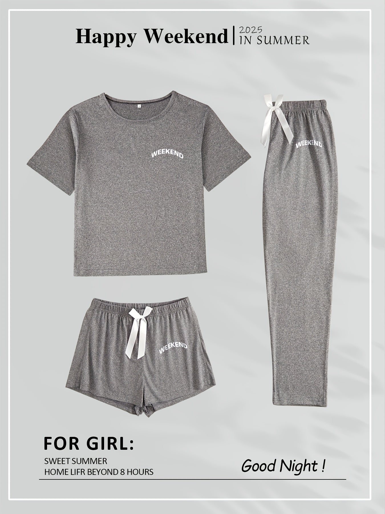 Women's 3-Piece Pajama Set with "Weekend" Print Casual Loungewear Polyester Elastane