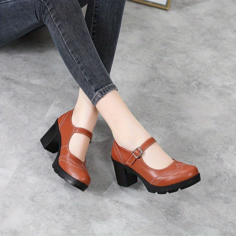 Women's Chunky Heel Brogue Pumps All-Match Classic Buckle Strap Office Shoes