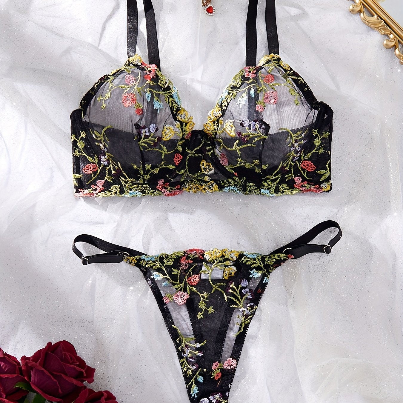 Plus Size Sexy Lingerie Set Floral Embroidery Sheer Mesh Bra and Thong