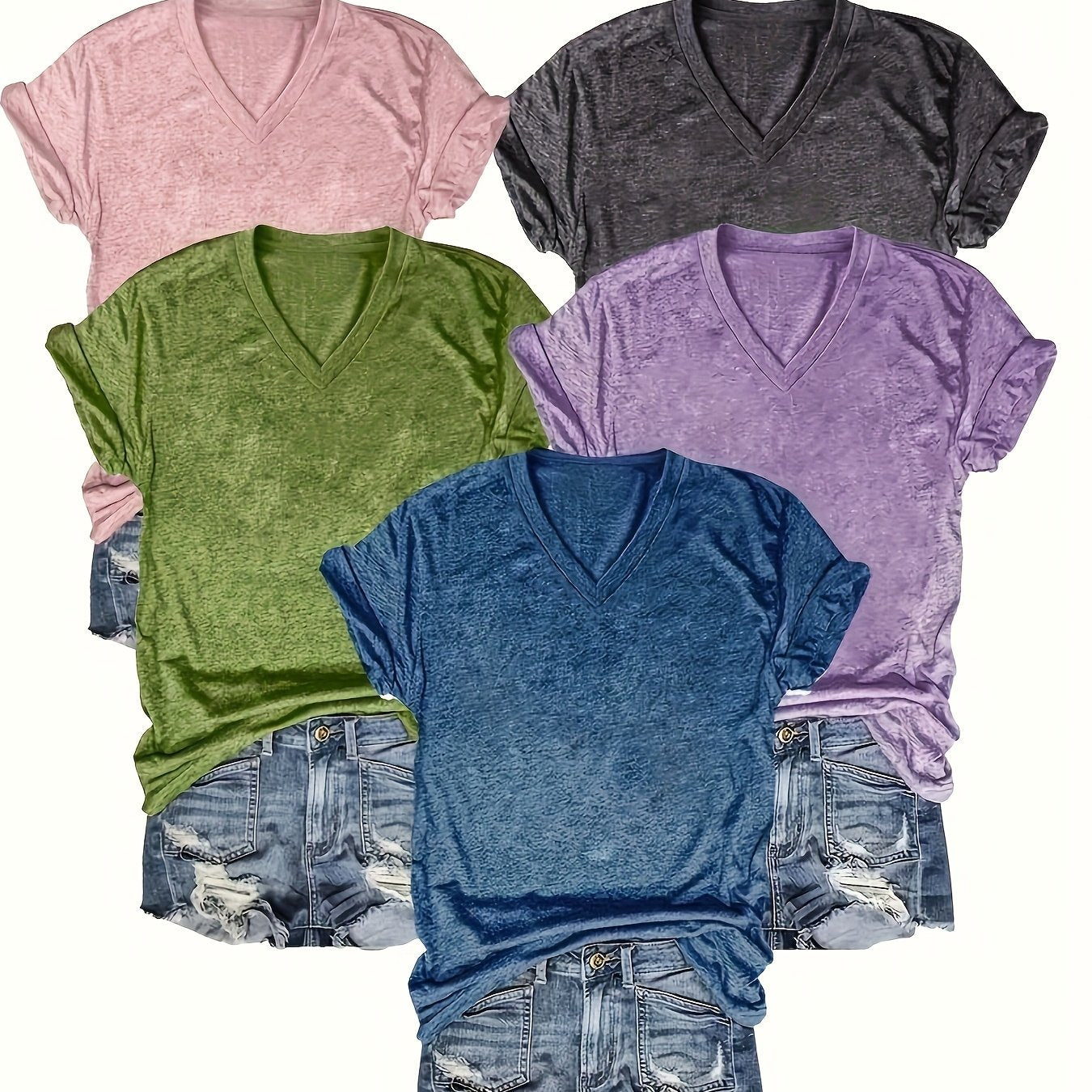 Women’s Solid Color V-Neck T-Shirts Short Sleeve Casual Summer