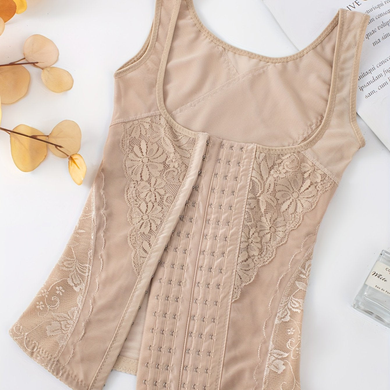 Black Postpartum Waist Trainer Tank Top with Lace Trim Mesh Panel Tummy Control