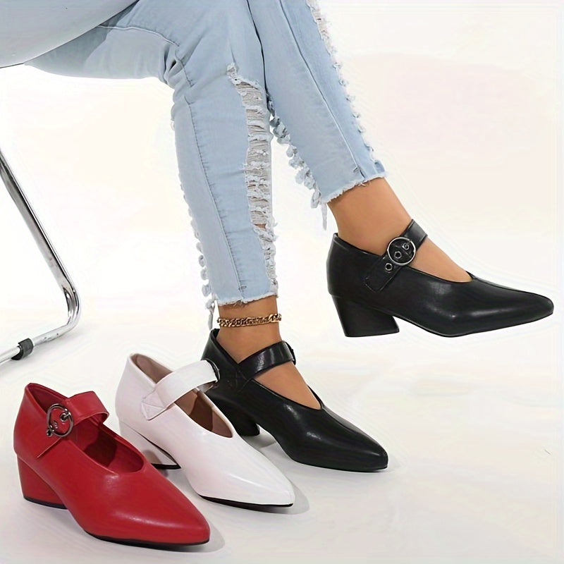 Women's Summer Solid Color Low Block Heel D'Orsay Shoes with Buckle and Pointed Toe