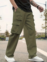 Plus Size Cargo Joggers for Men Autumn Winter Solid Woven Fabric Drawstring Regular Fit