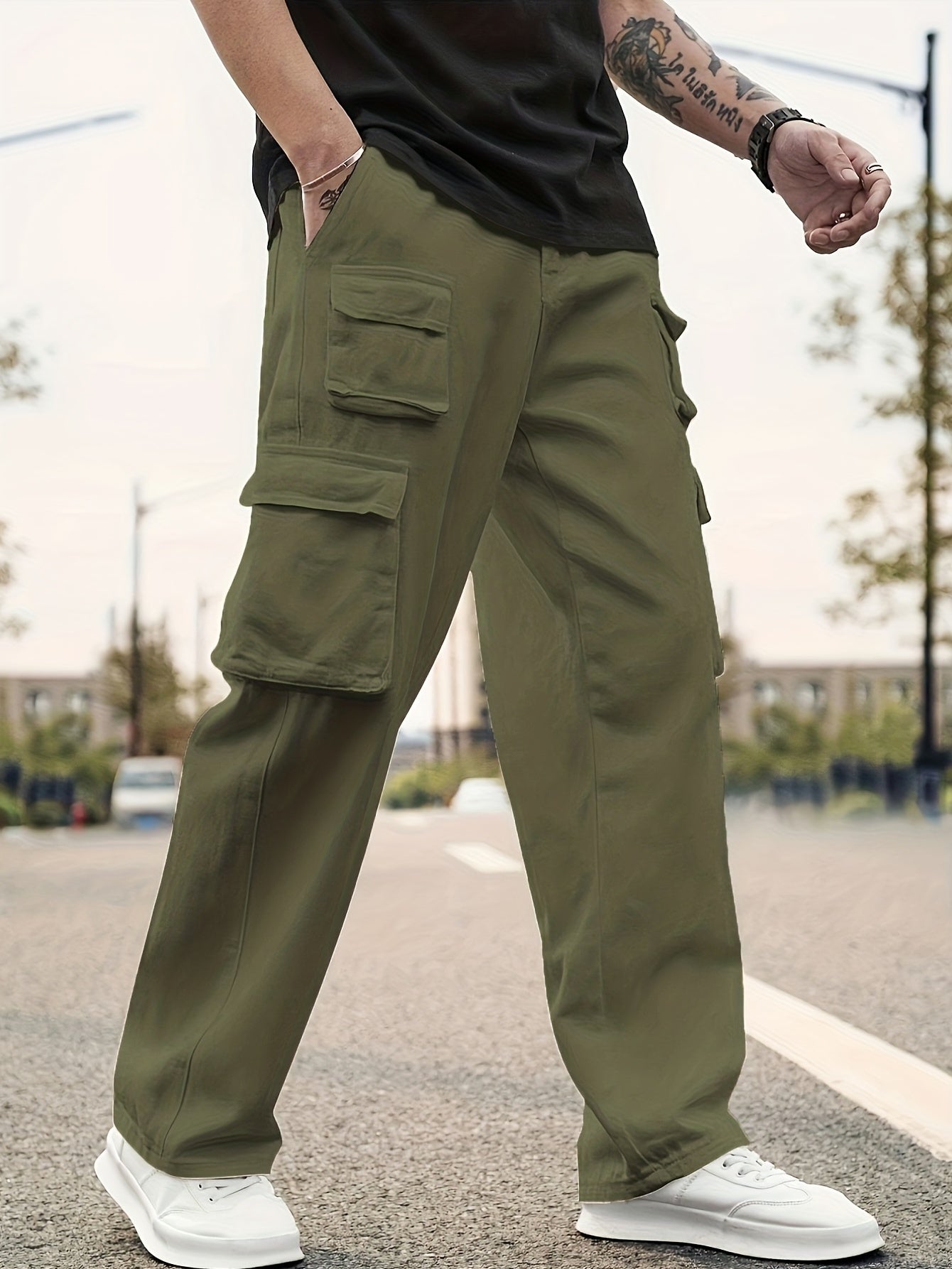 Plus Size Cargo Joggers for Men Autumn Winter Solid Woven Fabric Drawstring Regular Fit