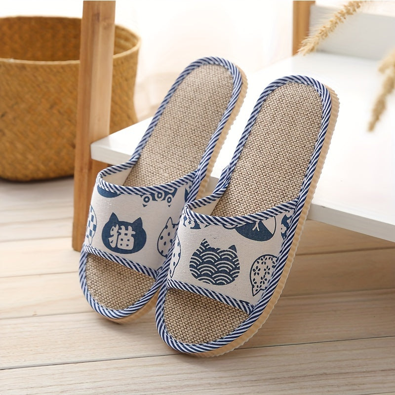 Unisex Linen Indoor Slippers Breathable EVA Sole Casual Animal Print