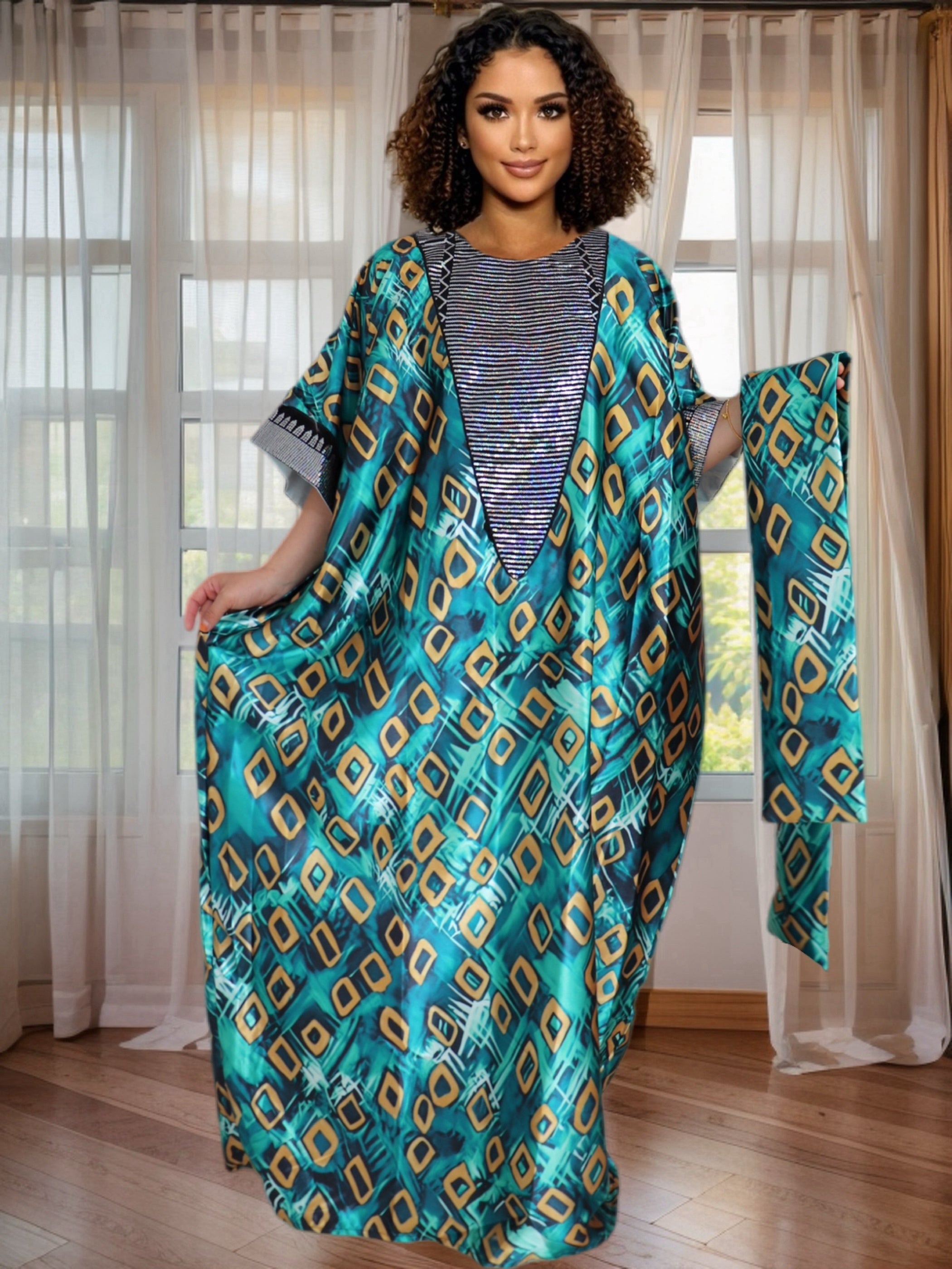 Plus Size African Lady Sequin Printed Satin Long Dress