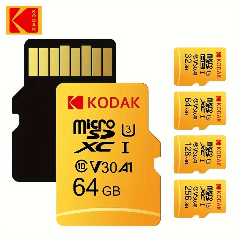 KODAK MicroSDXC xotira kartasi yuqori tezlikda 4K video yozish uchun, 64GB/128GB/32GB o'lchamlarida mavjud. Ultra ishlash, batareya talab qilinmaydi.