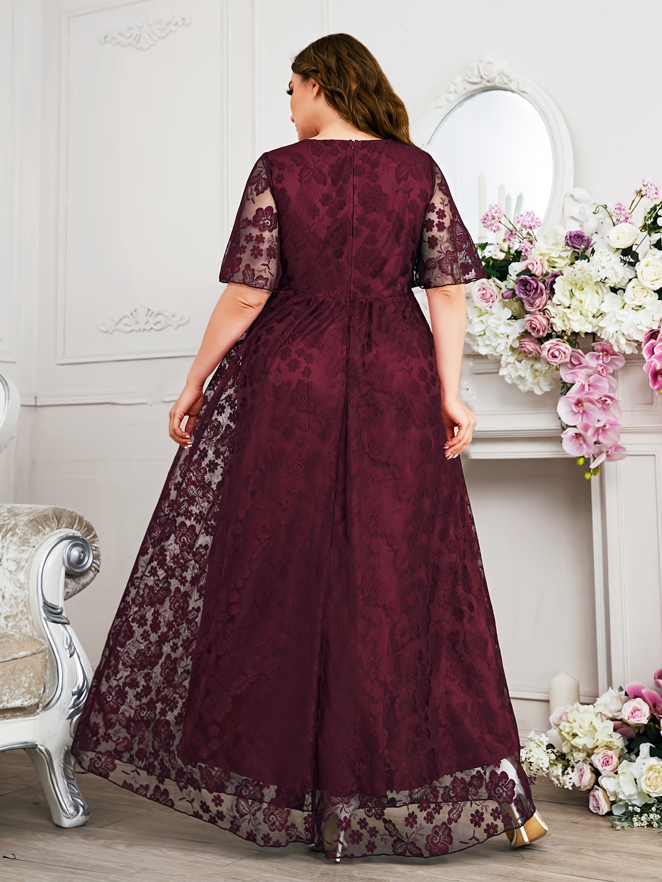Women's Plus Size Floral Lace Swing Maxi Dress V Neck Flutter Sleeve Party Wear