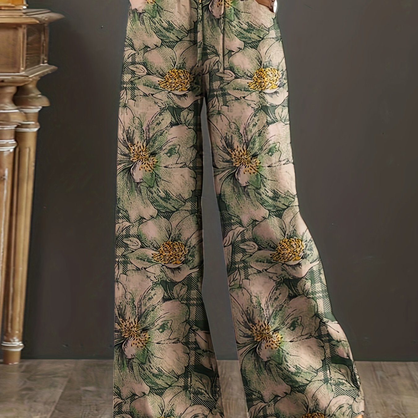 Pantalones anchos de algodón con estampado floral para mujer, cintura elástica, cordón ajustable, largos, para todas las estaciones, casual