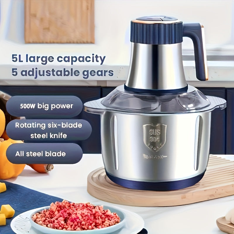 5L Stainless Steel Food Processor with 6 Knife System Fast Meat Grinder Vegetable Chopper 5 Speeds