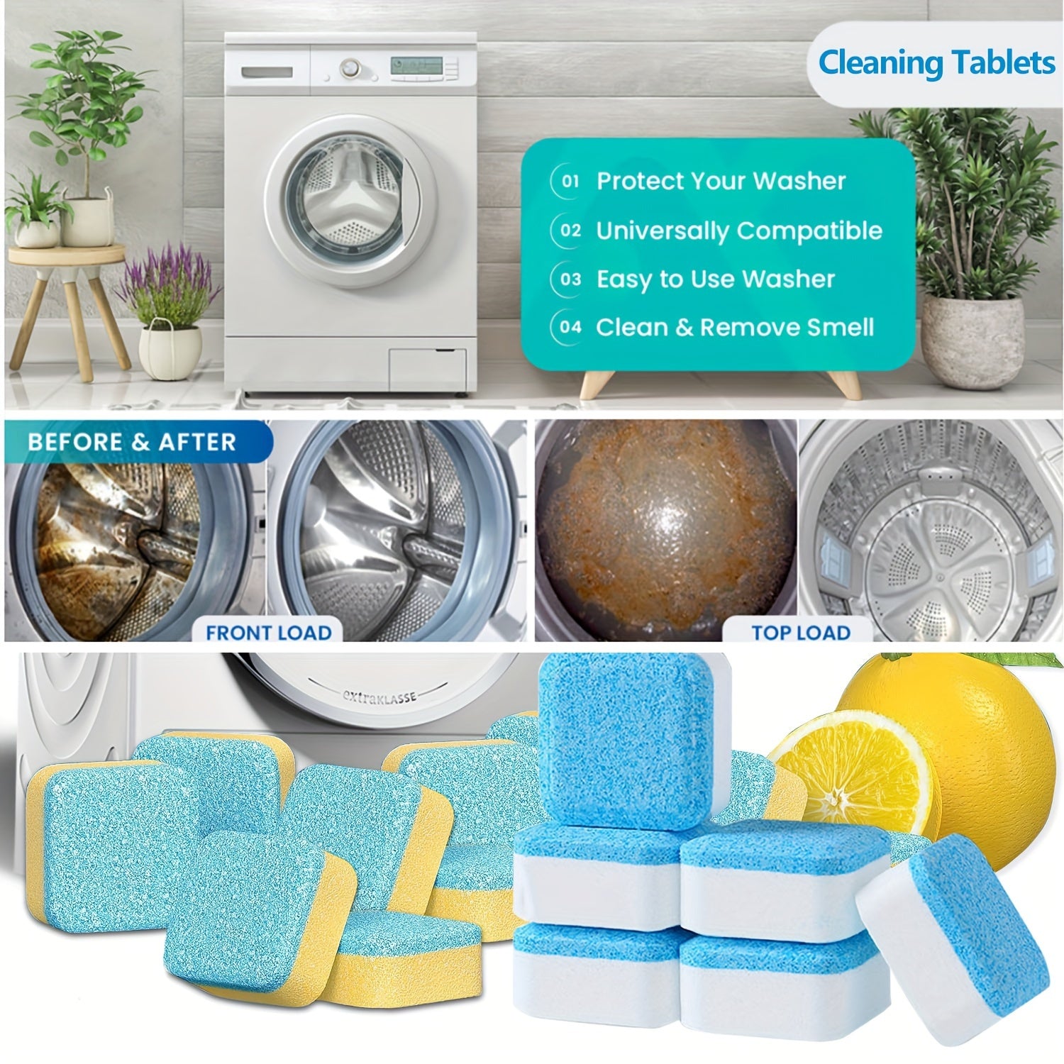 All-in-One Lemon Scent Washing Machine Cleaner Tablets 5/25/35pcs Deep Cleaning Detergent for Front and Top Load Machines