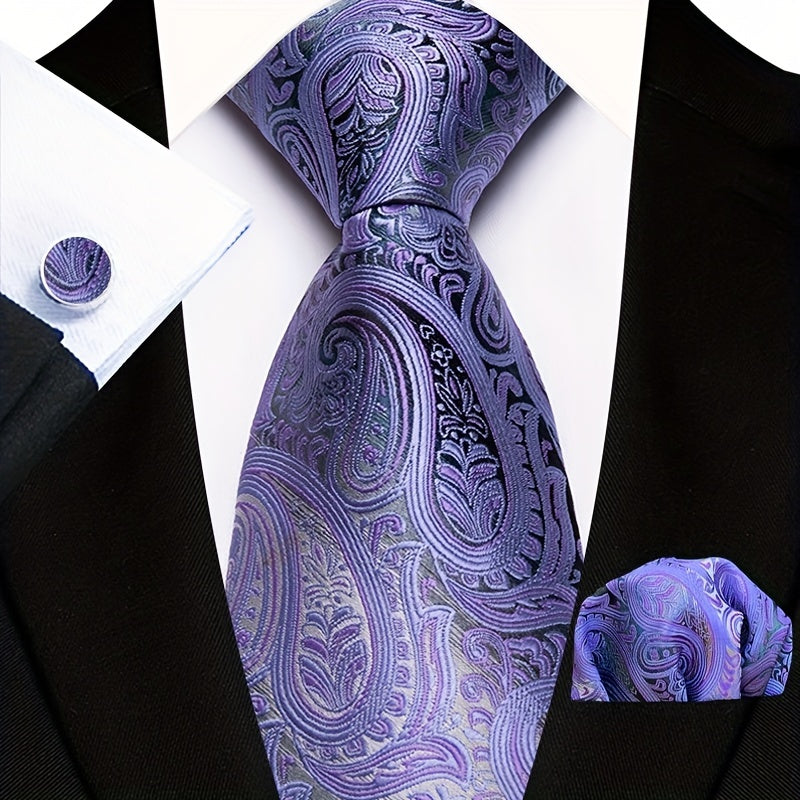 Men's Floral Plaid Necktie and Handkerchief Clip Set for Business and Weddings