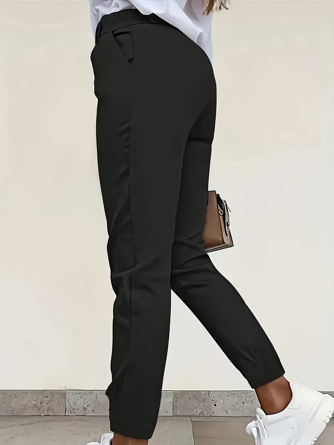 Plus Size Black Tapered Pants for Women High-Waisted Slim Fit Polyester