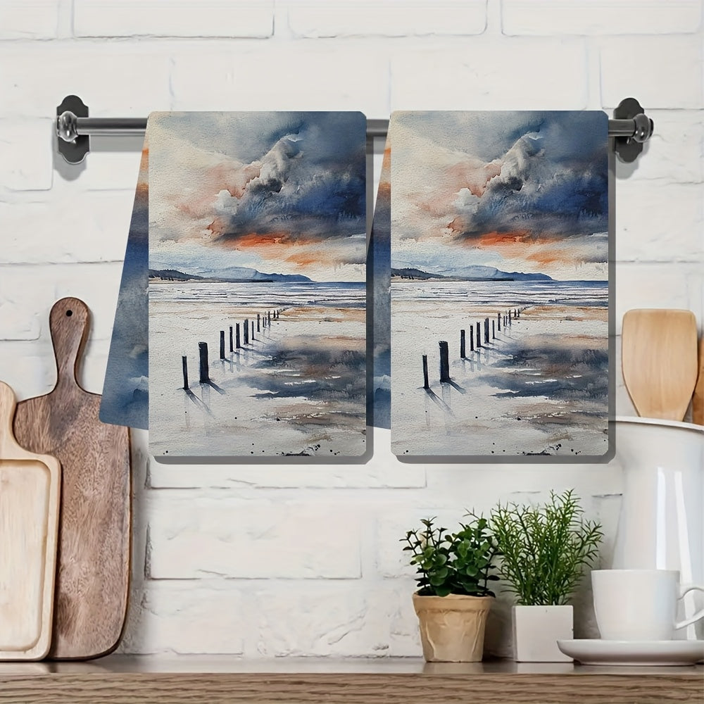 Set of 2 Sea View Kitchen Towels 16x24 Inch Soft Absorbent Holiday Decor