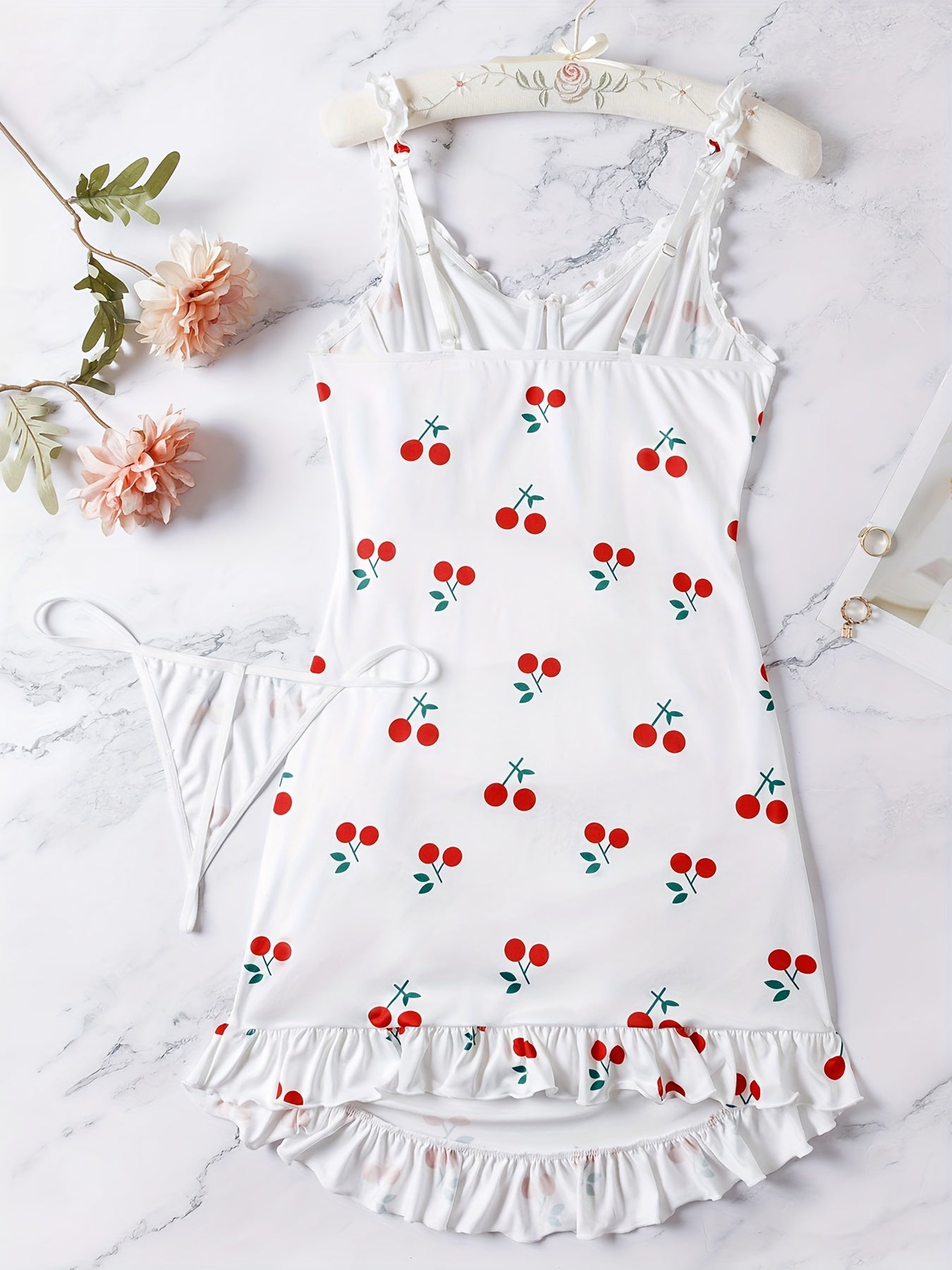 Women's Red Cherry Print Nightdress Set with Thong