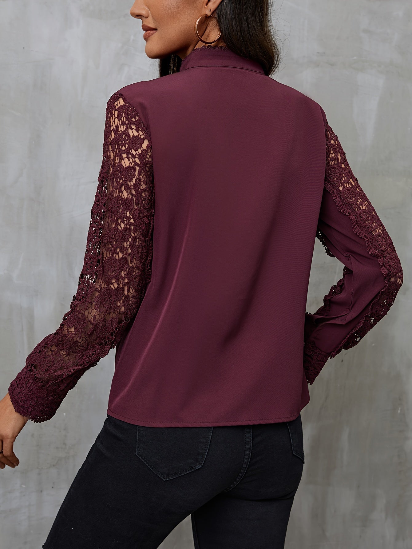 Women's Contrast Lace Blouse with Mandarin Collar and Long Sleeves