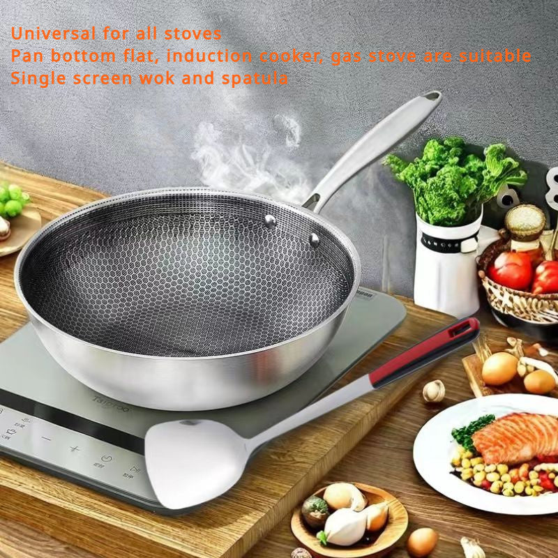 Honeycomb Non-Stick Uncoated Wok, zanglamas po'latdan yasalgan oshpaz tutqichi bilan, chizishdan himoyalangan, gaz va induksion plitalar uchun mos, faqat qo'l bilan yuvish uchun mo'ljallangan qozon.