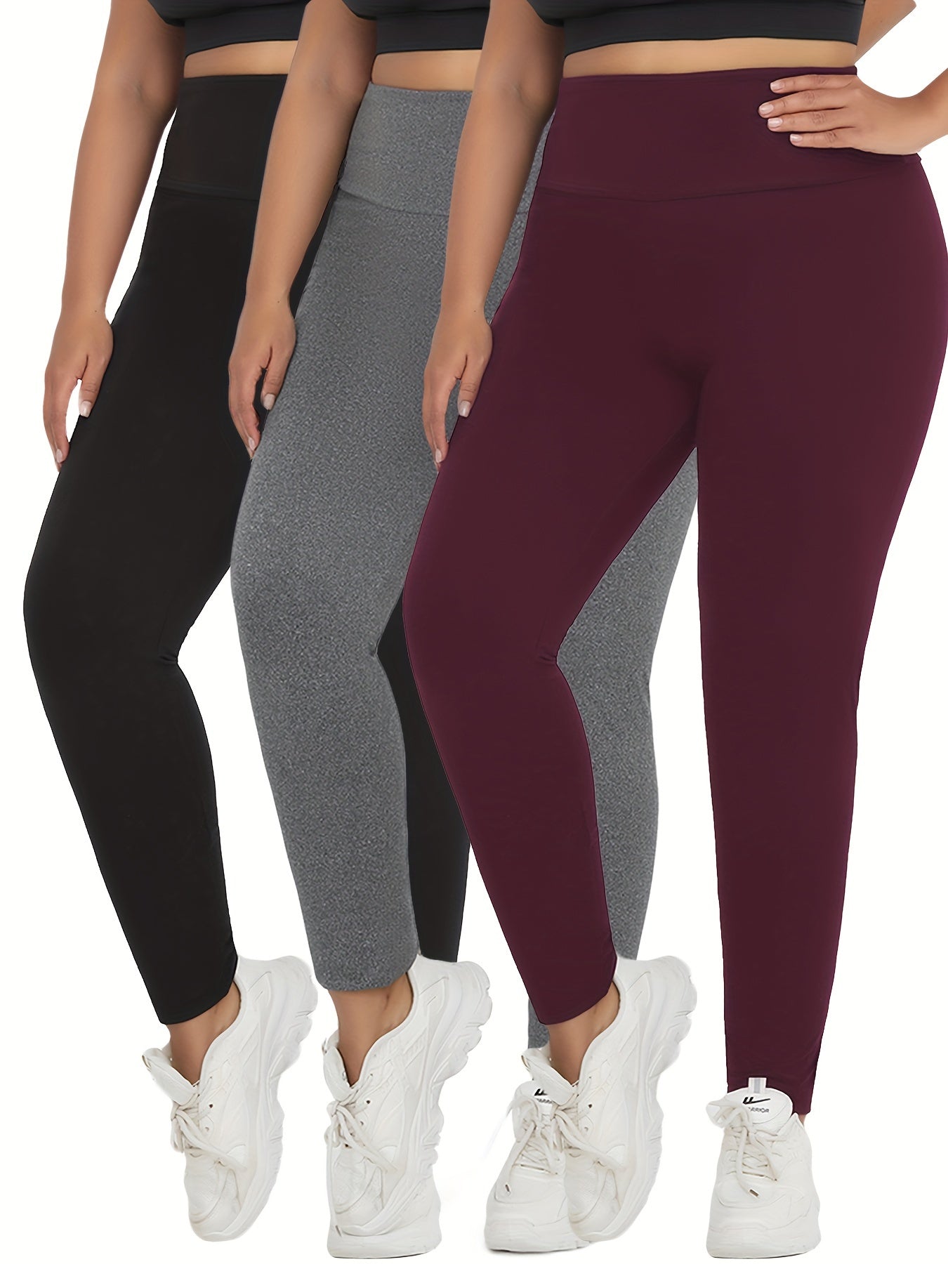 Women's Plus Size High-Waisted Leggings Solid Color Tummy Control Stretchy All-Season