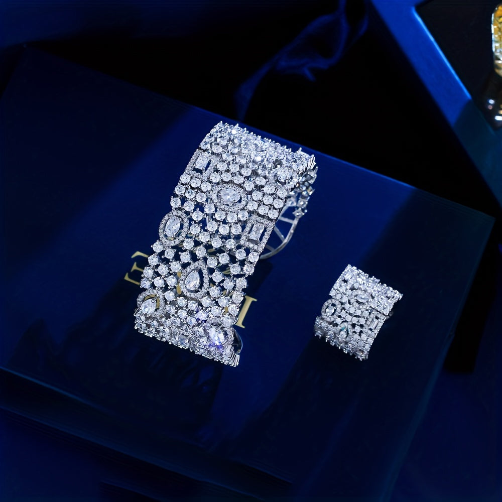 Women’s Zirconia Cuff Bracelet and Ring Set for Weddings and Formal Events