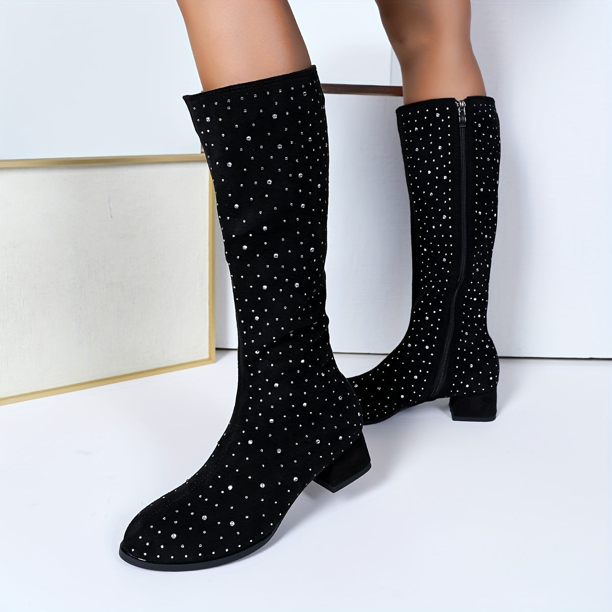 Women's Mid-Calf Rhinestone Boots with Zippered Low Block Heel Black