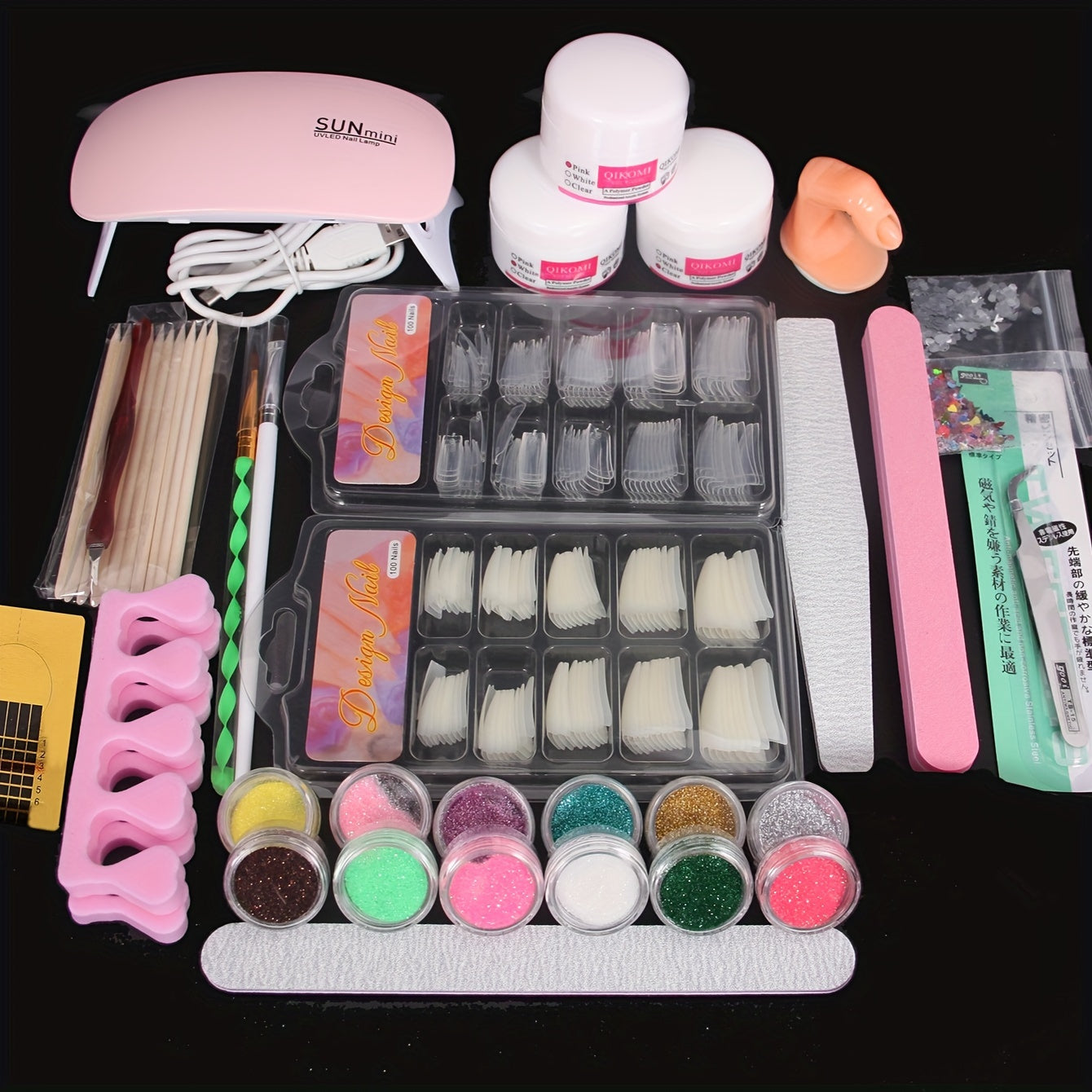 24-in-1 Acrylic Nail Kit for Beginners Hypoallergenic USB Powered with Glitter Colors and Nail Extension Tools