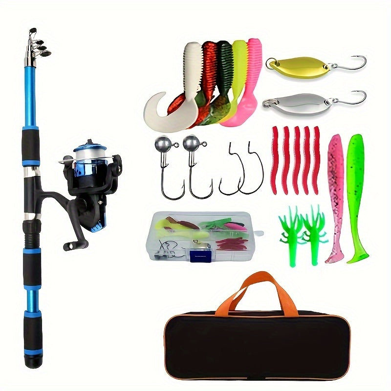 Telescopic Fishing Rod and Spinning Reel Set with Baits Hooks and Storage Bag