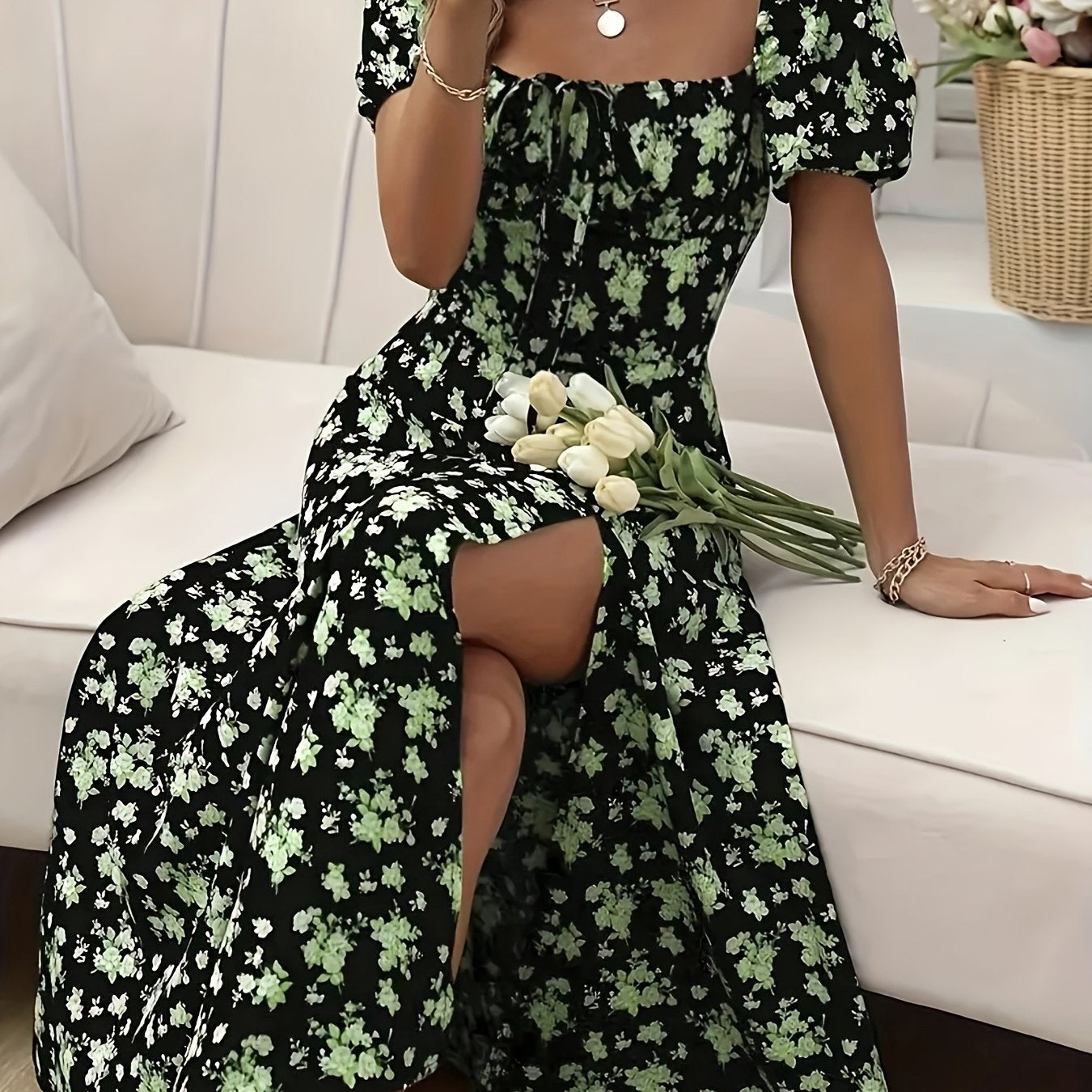 Women's Floral Print Puff Sleeve Dress with Split Hem for Summer