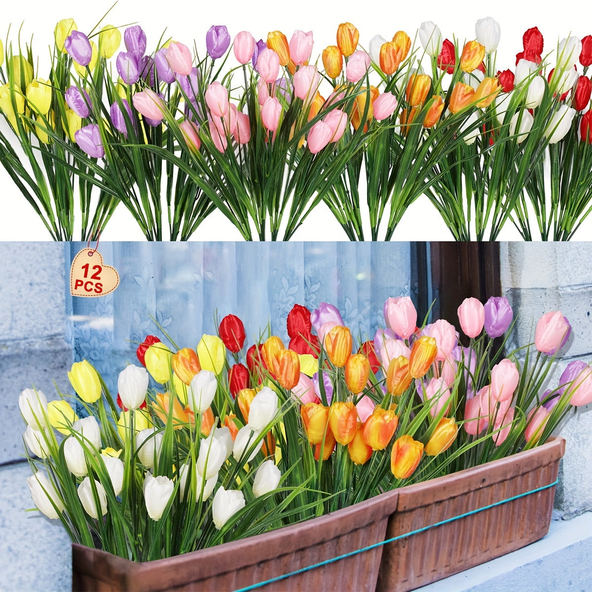 Artificial Tulips in Mixed Colors Bundle of 4 or 12 for Outdoor Garden Decor
