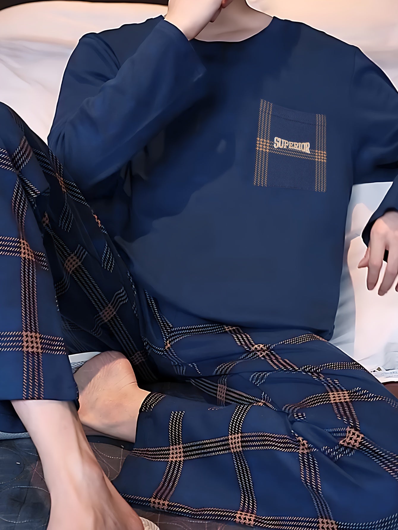 Men's Spring and Autumn Pajama Set Long Sleeve Casual Large Size Polyester Knit