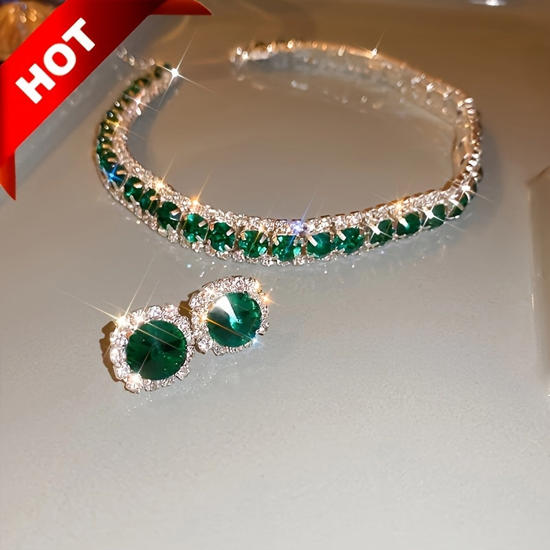 Emerald Crystal Jewelry Set for Women Necklace and Earrings Silver Plated Party Everyday