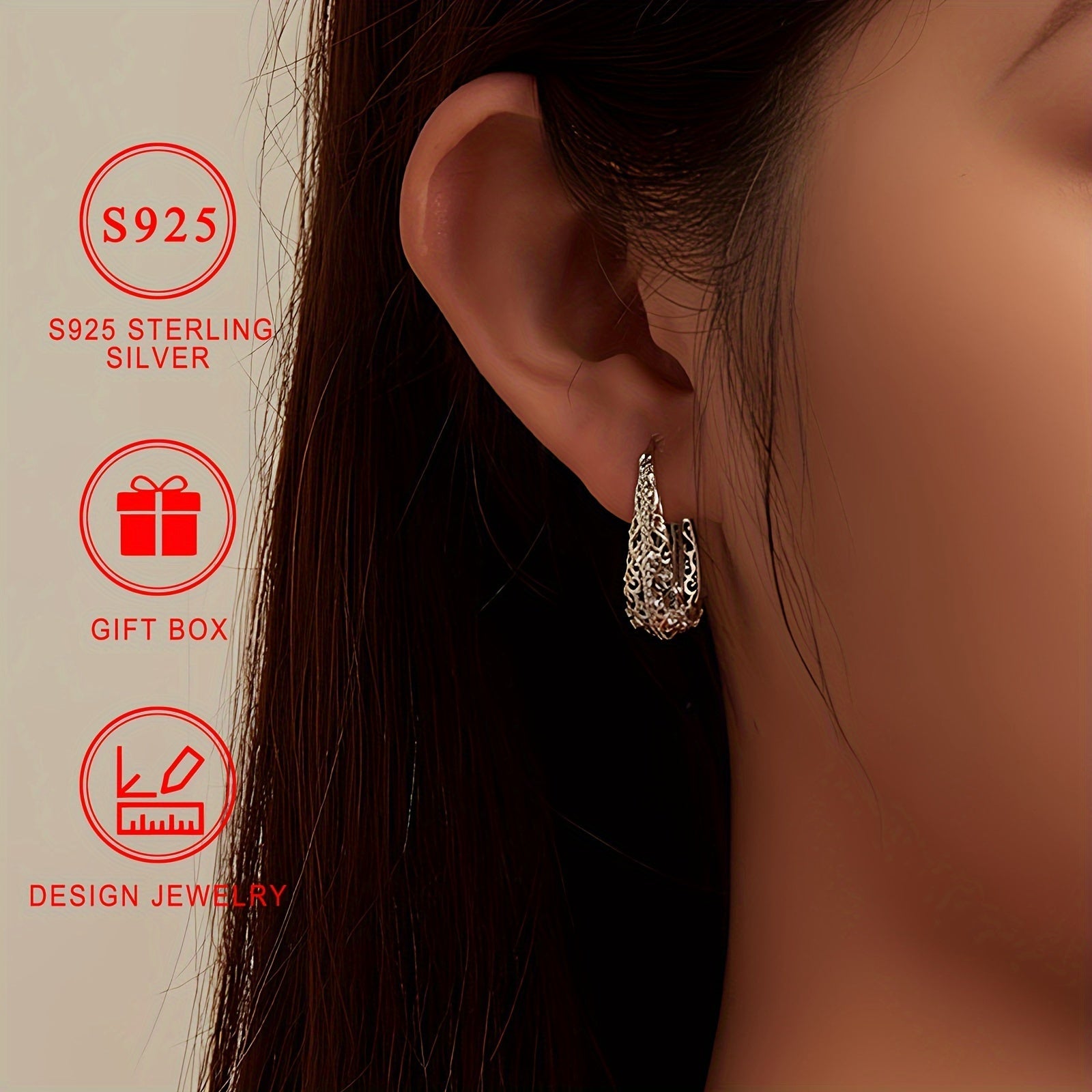 Large Silver Earrings with Zirconia Flower Pattern 18K Gold Plated Hypoallergenic