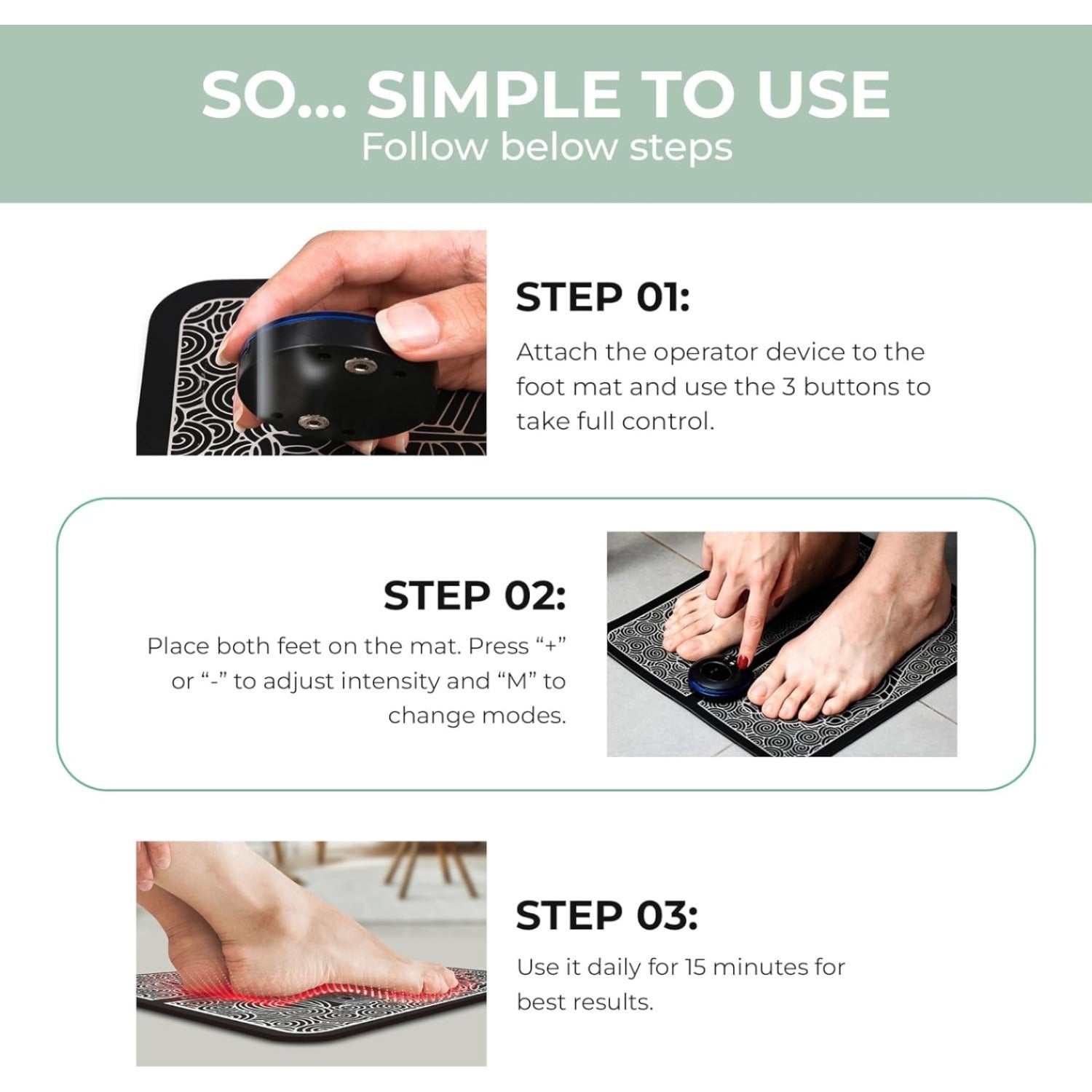 15 daqiqalik tinchlantiruvchi qulaylik, 6 ta sozlama va uyda dam olish uchun USB orqali zaryadlanadigan elektr oyoq massajchisi.