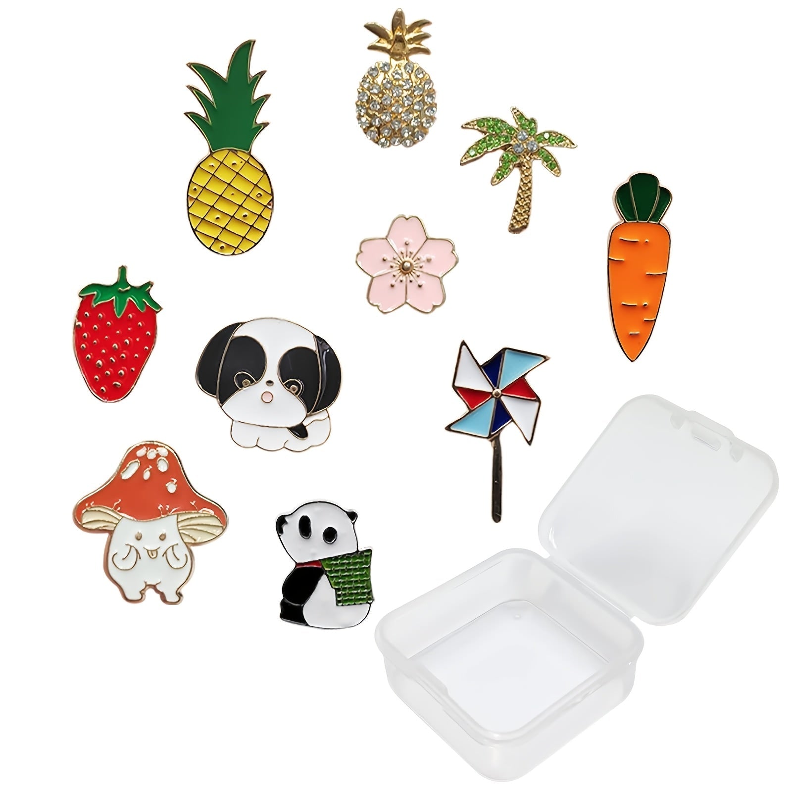 10 ta WhimsyWear Mini Cartoon Emal Pinlar to'plami saqlash qutisida - sharf, sumka, shlyapa va palto uchun ajoyib qotishmalar. Turli xil notekis shakllar ularni ayollar uchun qiziqarli va noyob moda aksessuari qiladi.
