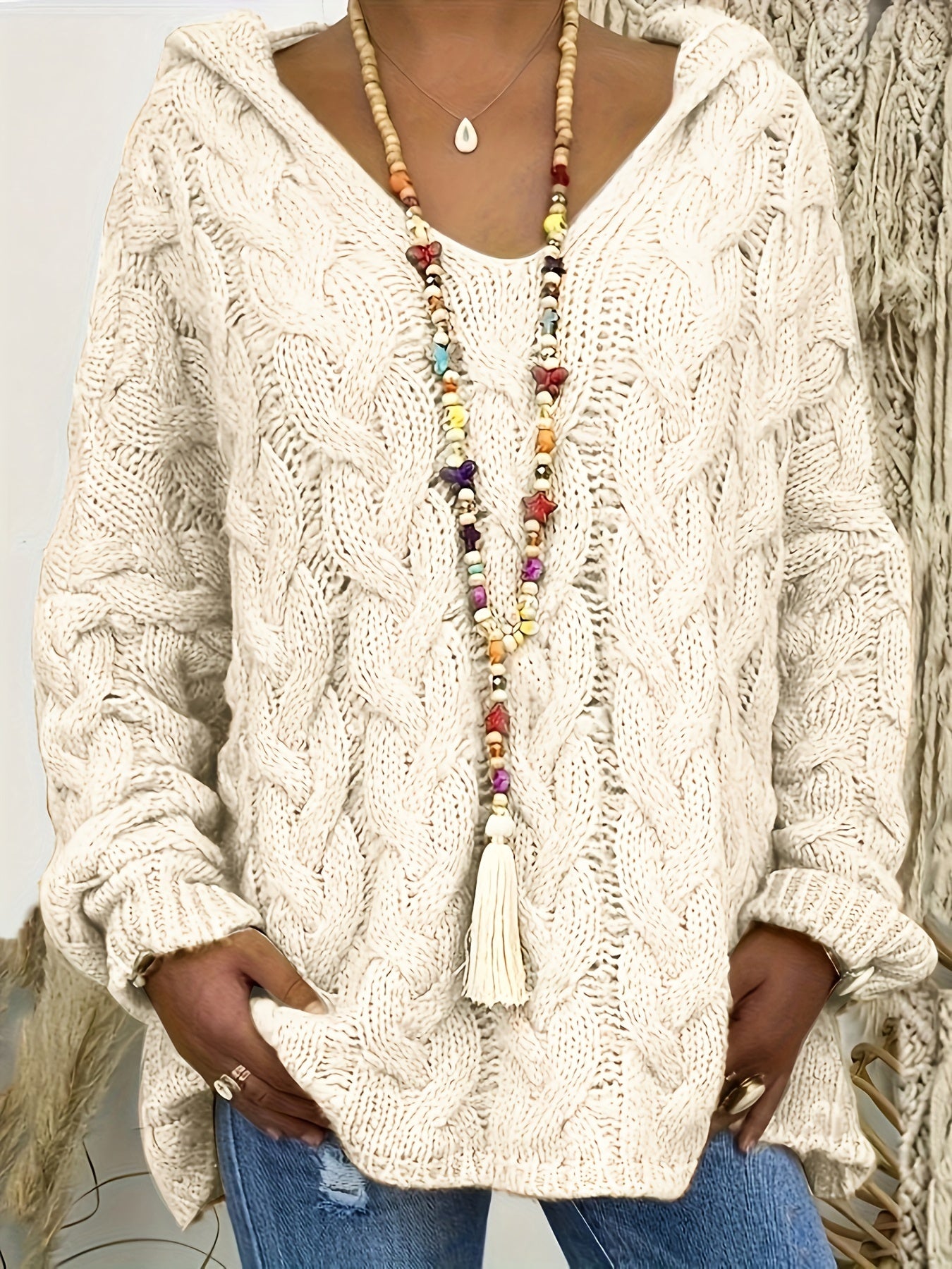 Женский вязаный свитер с капюшоном больших размеров, с длинными рукавами, V-образным вырезом, пуловер