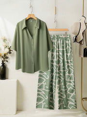 Women's Large Size Geometric Pattern Polyester Two-Piece Set Shirt and Pants