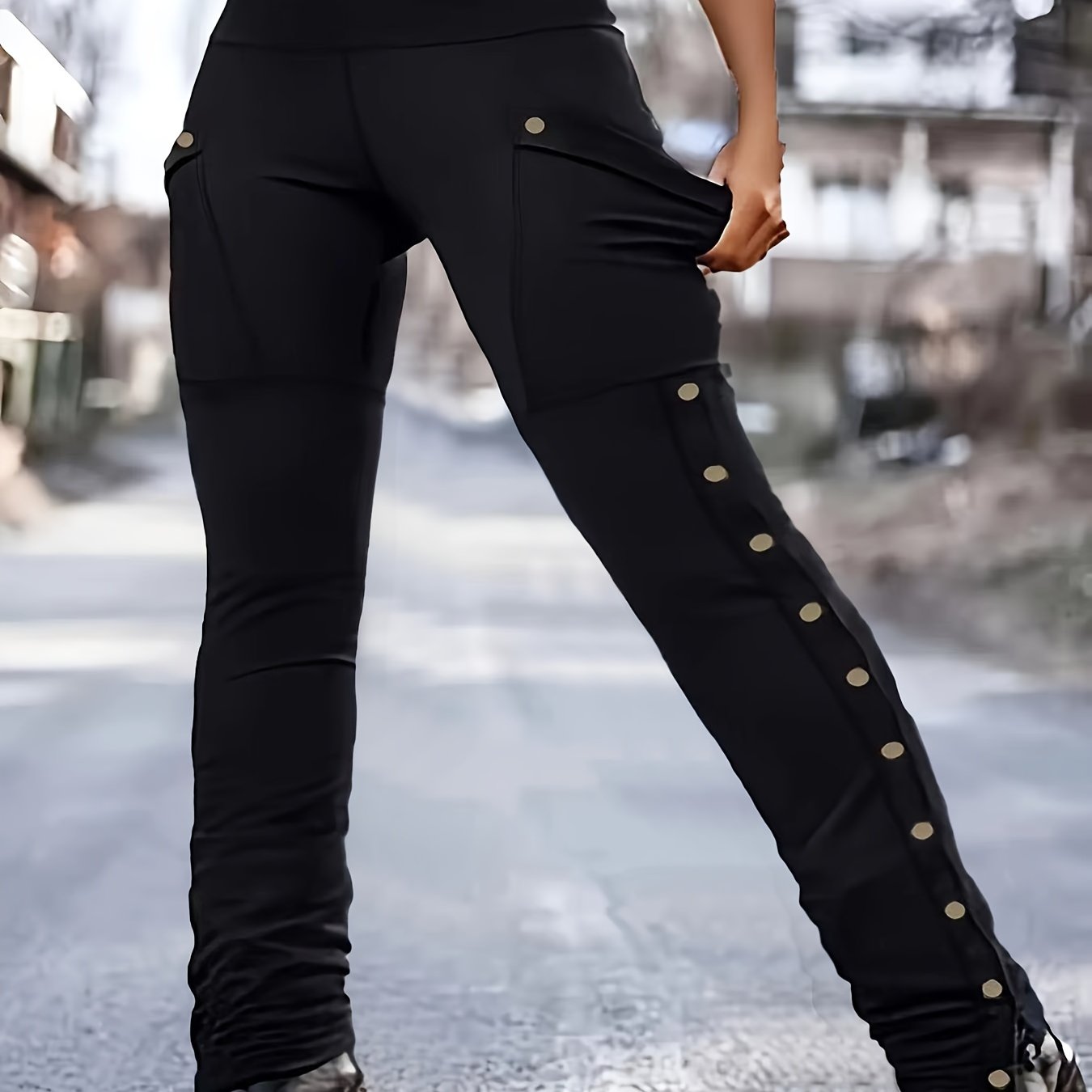 Women's Black Pencil Pants with Rivets Side Slits Stretchy Polyester Spandex
