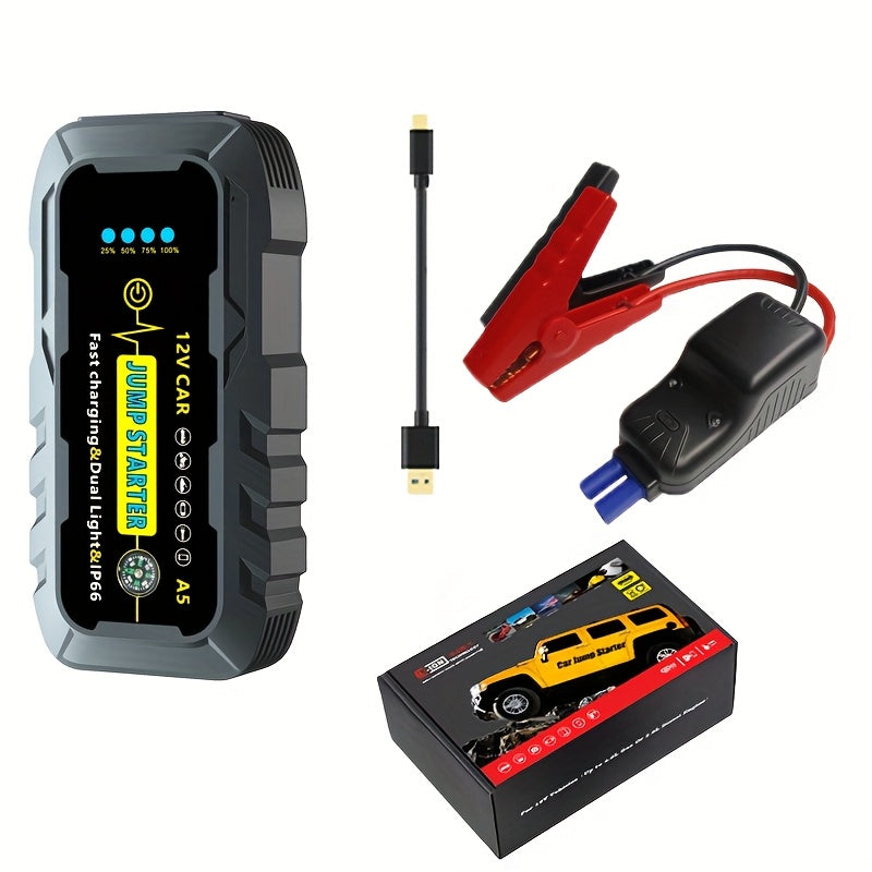 Portable 1000A Car Jump Starter with Dual USB Outputs, Safety Cables, Flashlight and Compass