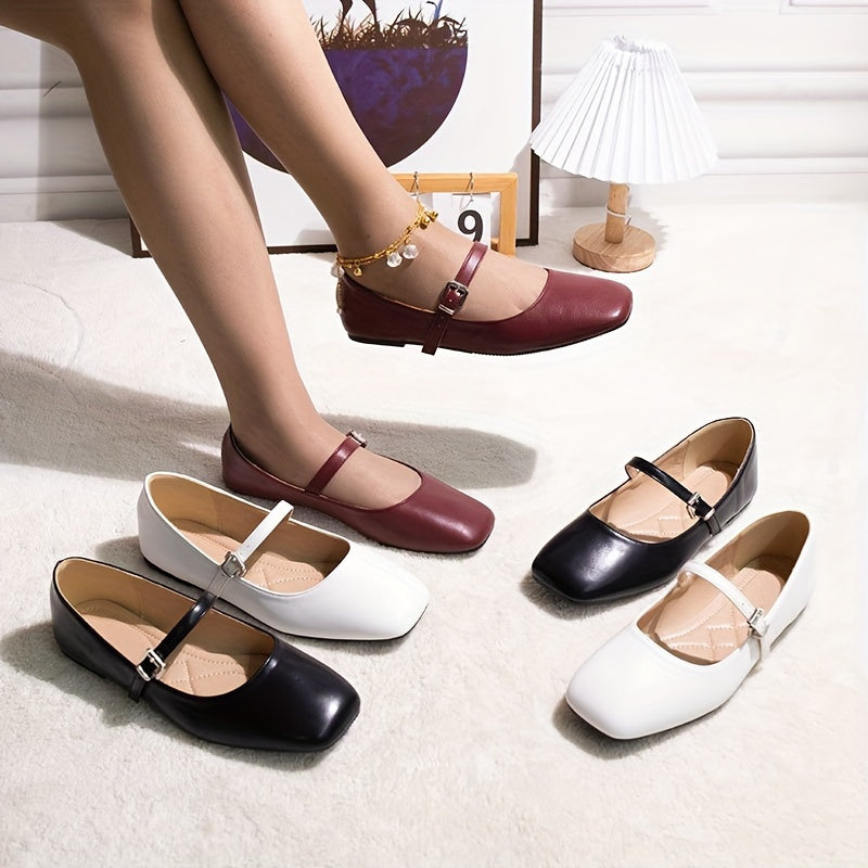 Ayollar uchun kvadrat barmoqli Mary Jane tufli, yopiladigan, burmalik bilan, oq, qora, qizil