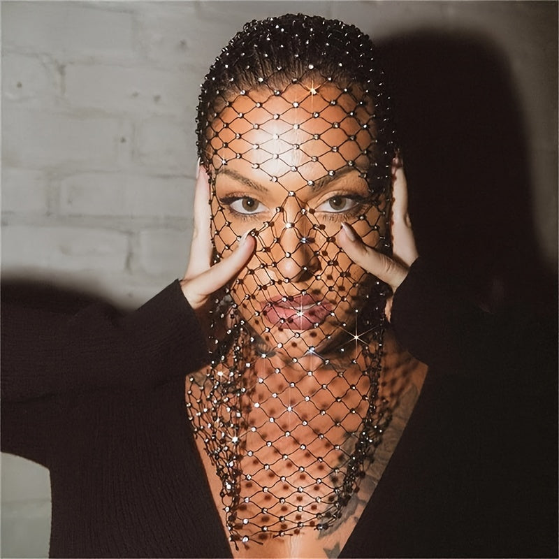 Women Fishnet Mesh Mask with Rhinestone Hollow Grid Design