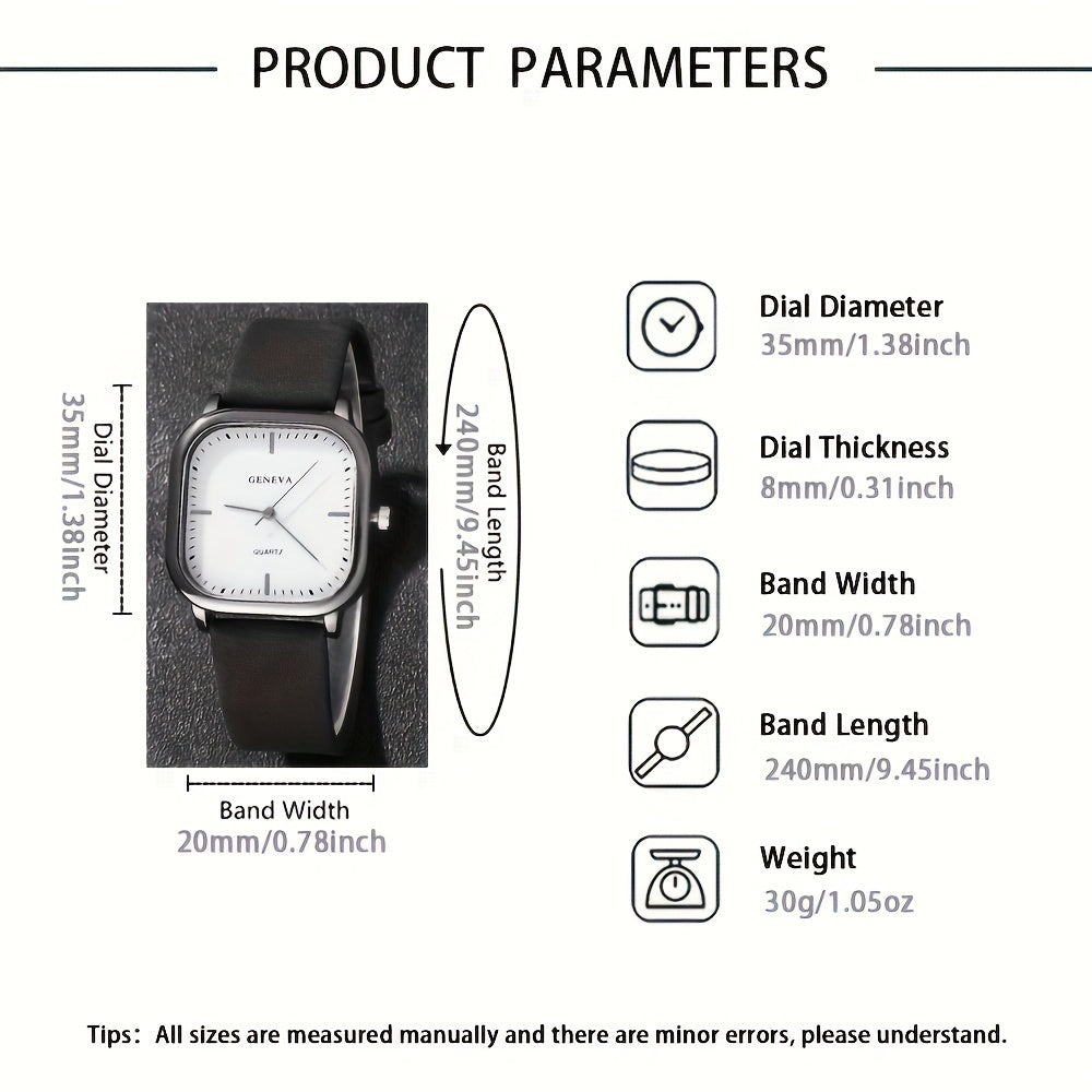 Men's Business Square Quartz Watch Leather Strap Classic Formal Accessory