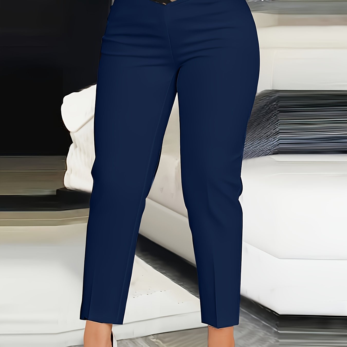 Women's High-Waist Trousers Ankle-Length Solid Black Polyester Casual Elegant