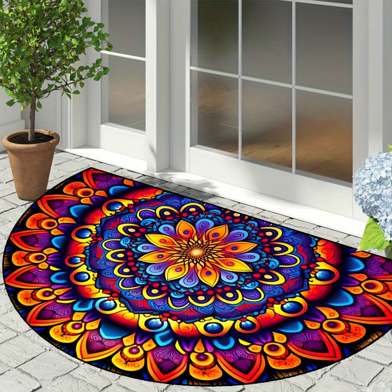 Colorful Double Shadow Mandala Half Round Rug Non-Slip Indoor Outdoor Entryway Carpet