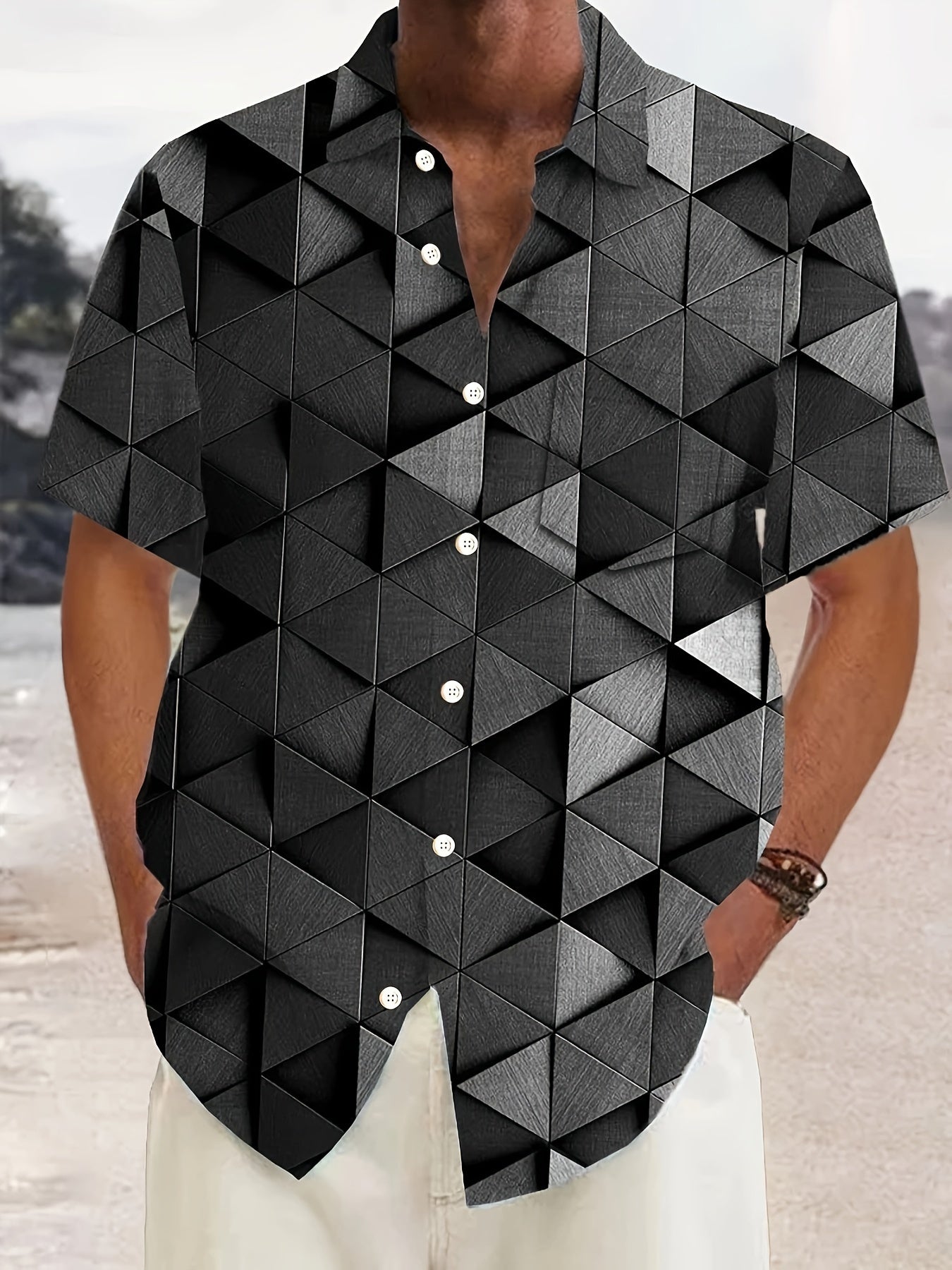 Plus Size Men's Summer Geometric Pattern Woven Short Sleeve Shirt