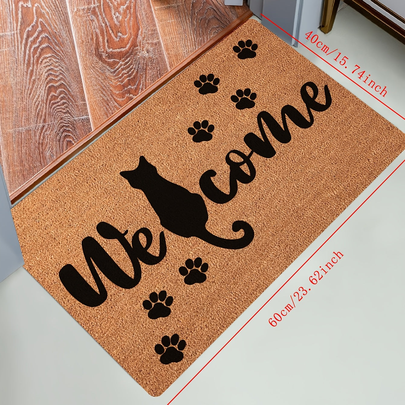 Cat Welcome Doormat Stain-Resistant Polyester Indoor Outdoor Black Cat Silhouette