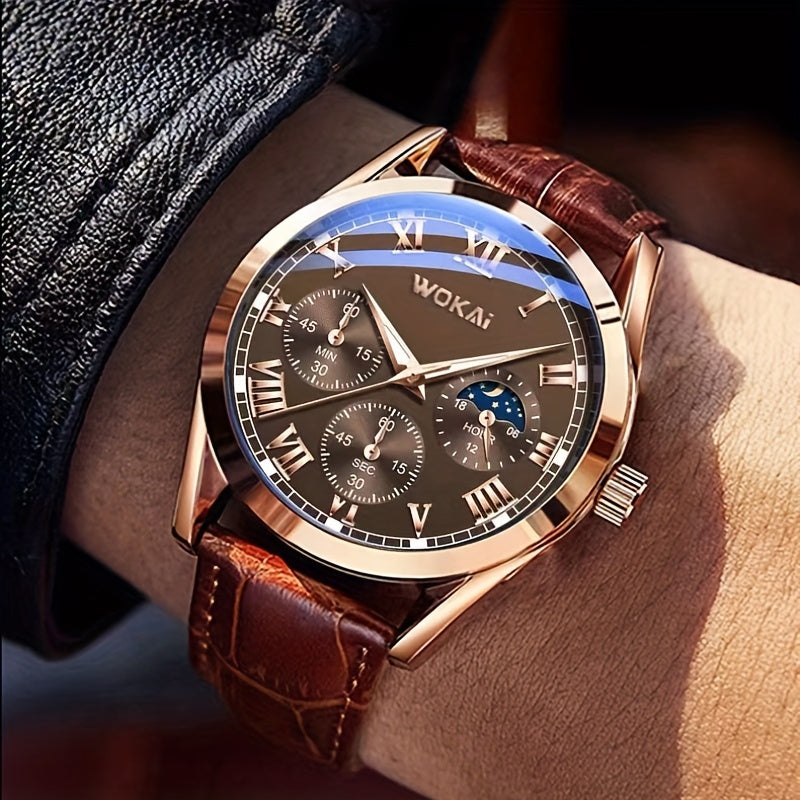 Men's Business Watch Sports Design Quartz Movement Synthetic Leather Band Durable Alloy Casing