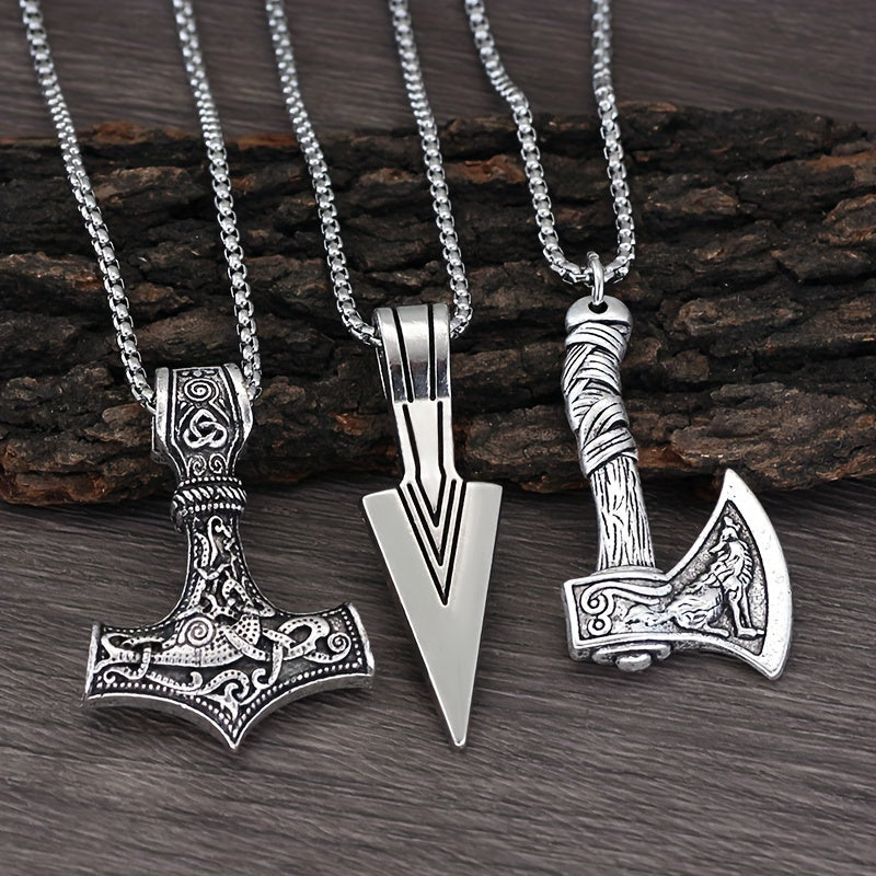 Men's Viking Necklace Set 3 Pieces with Hammer Compass Celtic Knot Wolf Axe Pendants