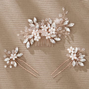 Pack of 3 Bridal Hair Accessories Faux Pearl Floral Hair Comb and Crystal Hair Pins