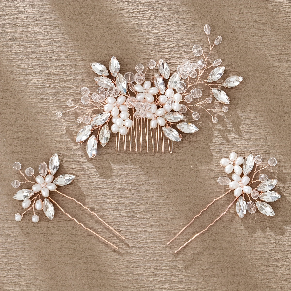 Pack of 3 Bridal Hair Accessories Faux Pearl Floral Hair Comb and Crystal Hair Pins