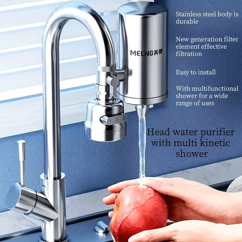 Stainless Steel Faucet Water Filter with Multi-Directional Shower Head Ceramic Cartridge