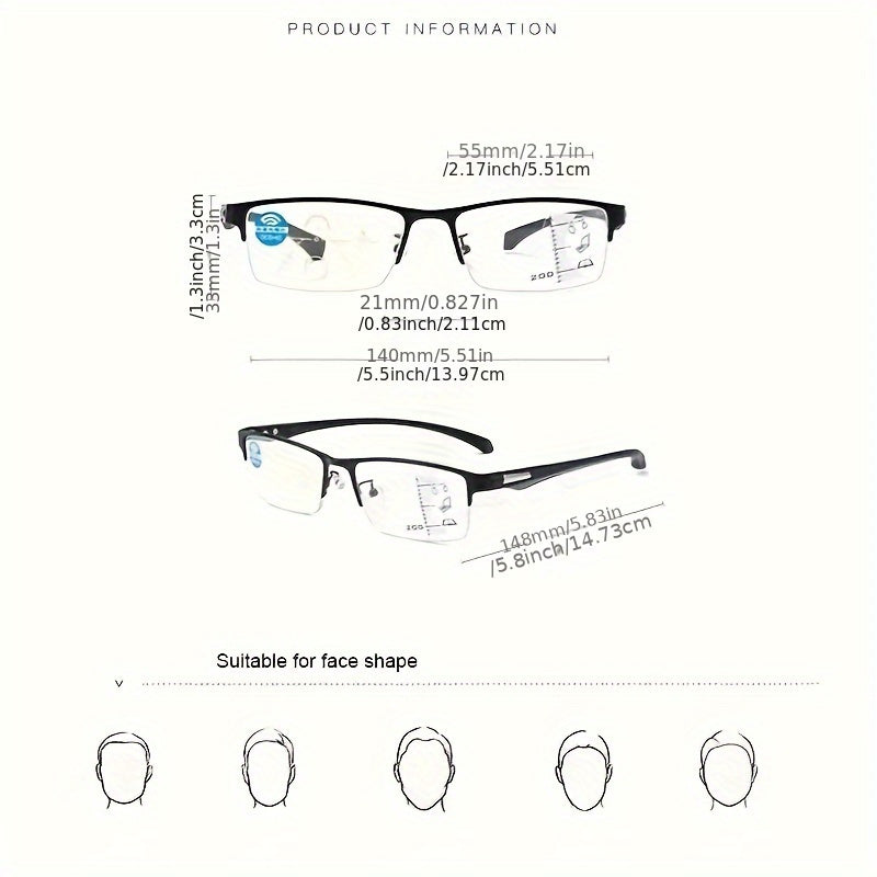 Unisex Semi-Rimless Rectangular Reading Glasses Resin Photochromic Multifocal Blue Light Protection